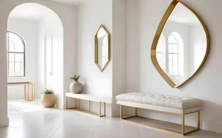 Grand miroir doré artisanal dans un intérieur lumineux