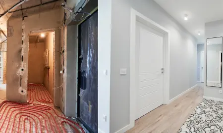 Intérieur avant / après avec miroir et éclairage repensé