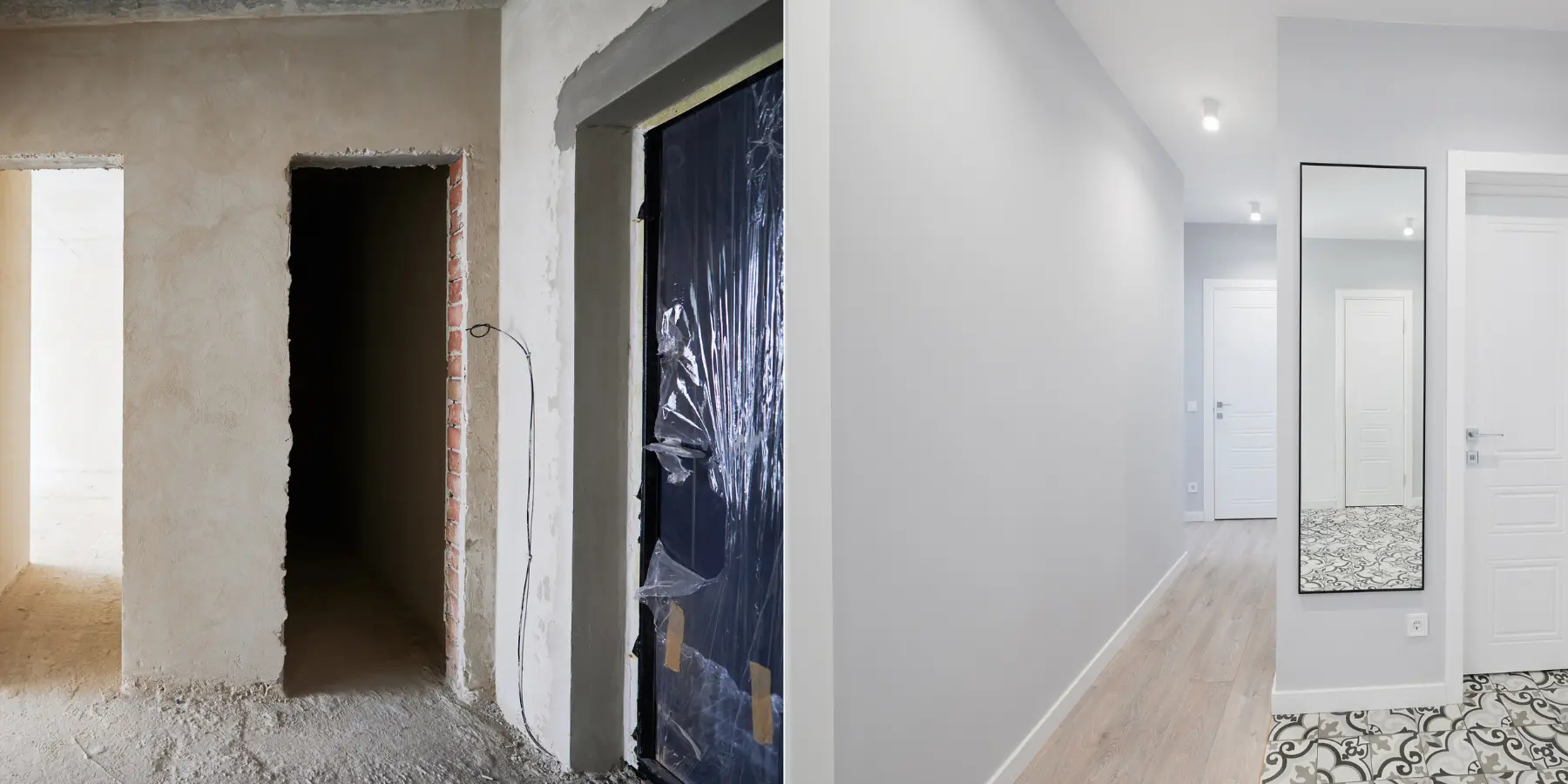 Avant / Après installation d’un miroir : espace plus lumineux et équilibré