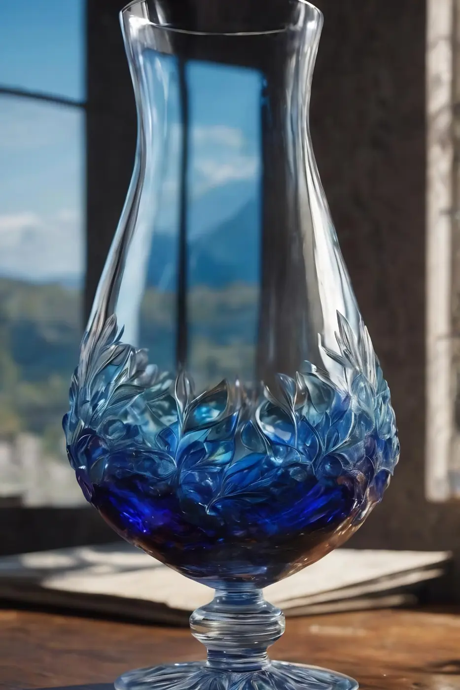 Vase en verre soufflé bleu posé sur une console en bois clair